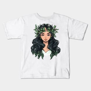 Cartoon Style Portrait - Young Woman with long flowery hair Kids T-Shirt